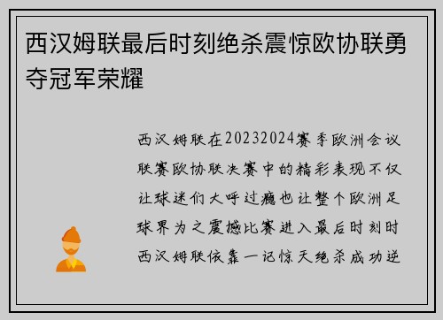 西汉姆联最后时刻绝杀震惊欧协联勇夺冠军荣耀 西汉姆联最后时刻绝杀震惊欧协联勇夺冠军荣耀