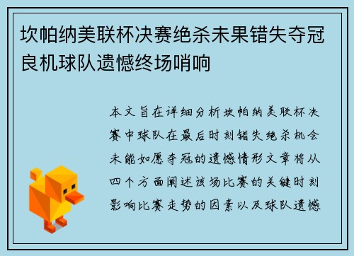 坎帕纳美联杯决赛绝杀未果错失夺冠良机球队遗憾终场哨响